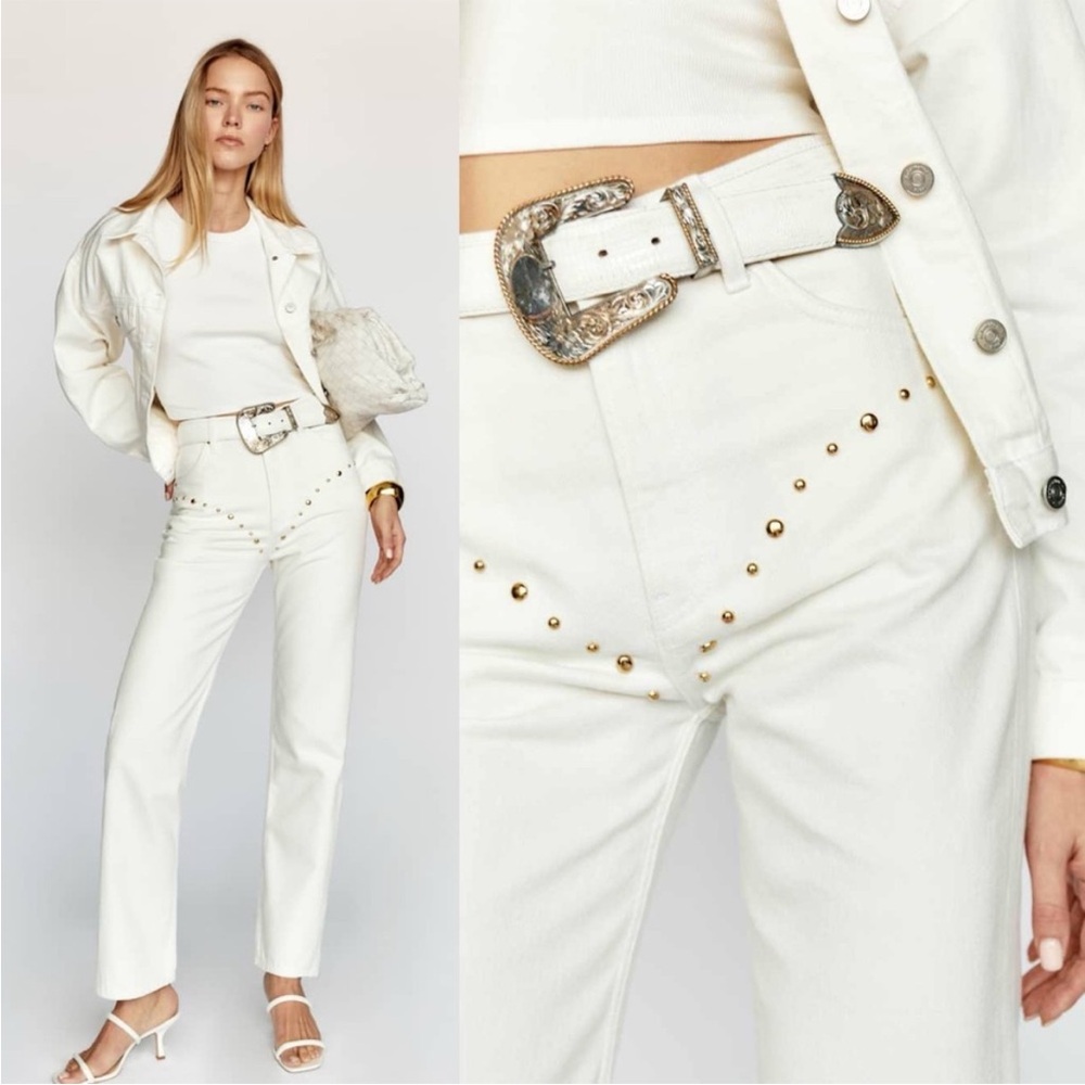 Reformation White Straight Leg Jeans with Gold Studs